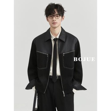 (免運)BJZE男裝24冬季設計感羊羔毛領PU皮仿麂皮絨拼接夾克加厚棉服外套