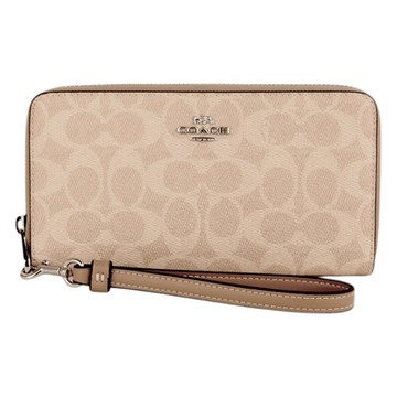 COACH  金馬車防刮LOGO皮革拉鍊掛帶長夾(卡其x淺褐)