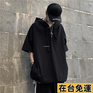 🔥台灣發出🔥 歐美 街頭 素面連帽短袖體恤男 男短袖帽衣 短袖上衣 薄款大口袋连帽大学t 棉質 韓版情侶帽衫 連帽