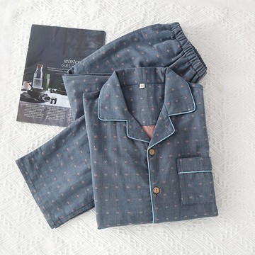 日系無印風色織雙層純棉紗布男士睡衣春秋夏季全棉長袖寬松家居服鑫弘-衣錦男裝