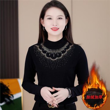 (免運)媽媽裝半高領燙鉆打底衫女2025秋冬新款洋氣保暖加絨加厚蕾絲上衣