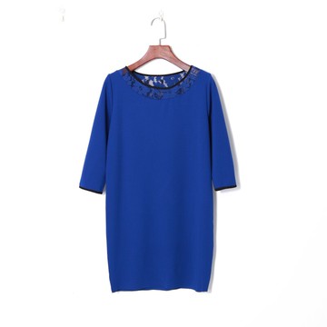 秋季新款女裝時尚韓版氣質圓領拼接鉤花鏤空七分袖顯瘦連衣裙