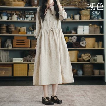 初色 新復古風碎花收腰綁帶寬鬆圓領排釦長袖連衣裙連身洋裝長洋裝-麻色-15048(M-2XL可選)