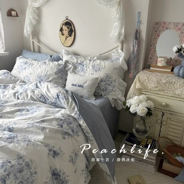 ♡peachlife.♡「台灣現貨」法式100%棉床包 法式荷葉邊藍凌床包 碎花床包 荷葉邊 木耳邊 復古床包 可愛床包