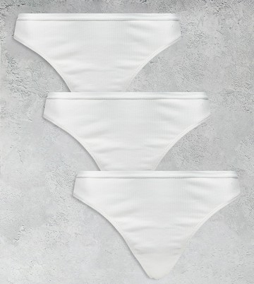 ASOS DESIGN Curve 3 pack ribbed thongs in white