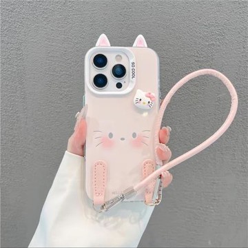 卡通粉色凱蒂貓耳朵適用蘋果17promax手機殼新款磨砂彩銀iPhone17pro創意16pm可愛14plus掛繩15全包防摔13女x