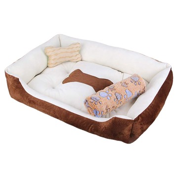 萌貝貝 四季通用 超柔軟加厚寵物床 Set 寵物床+骨頭枕+毛毯  58 x 45 x 15cm  米色  1組