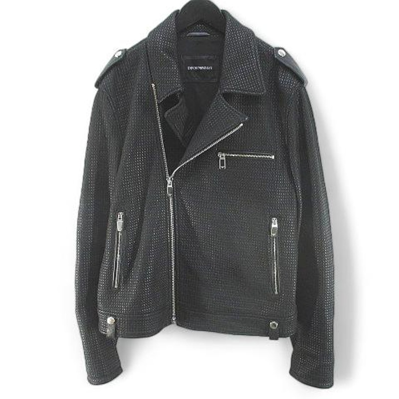 エンポリオアルマーニ EMPORIO ARMANI 41r31p レザージャケット 革ジャン ライダース 羊革 エルボーパッチ 黒系 ブラック 刺繍  ジップアッ | LINEブランドカタログ