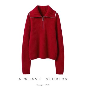 喜歡無需掩飾~秋冬半拉鏈大翻領羊絨衫女加厚寬松針織羊絨毛衣