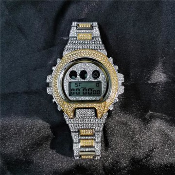 Hiphop滿鉆手表男士電子時間顯示圓形表盤鬧鐘夜光嘻哈時尚石英表