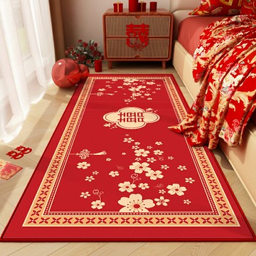 新中式結婚臥室地毯婚房裝飾喜慶床邊毯婚慶用品家用防滑紅色腳墊/地毯/地墊/腳墊/門墊/墊子/入門墊/客廳地毯/入門地毯