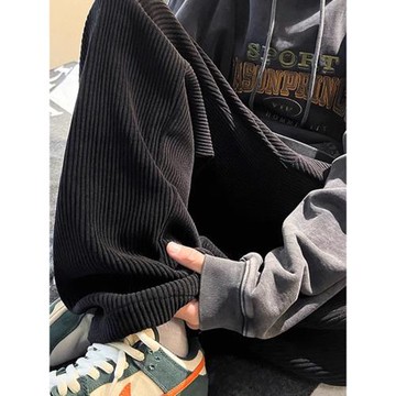 燈芯絨褲子男春秋肌理加絨直筒寬松闊腿褲美式拖地衛褲休閑運動褲