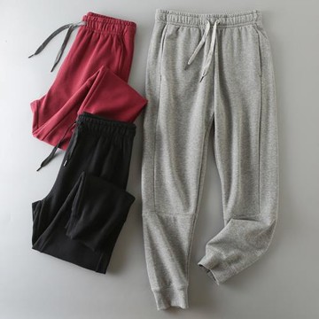 外貿日單男士春秋季通勤百搭全棉毛圈純色束腳運動休閑拼接衛褲潮