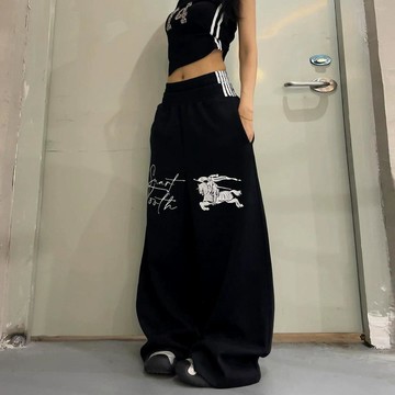【MIMU】🎖️有貨🎖️印花初見條紋雙腰頭baggy衛褲男女夏美式運動風寬鬆直筒休閒褲潮 女裝 長褲