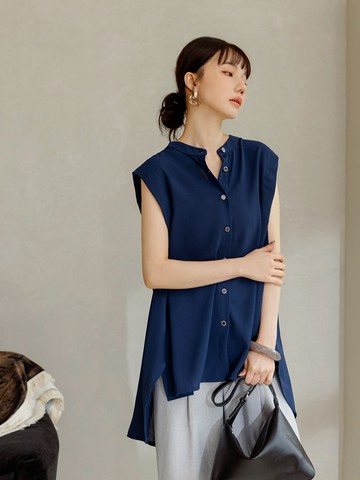 簡約開襟排釦前短後長無袖上衣