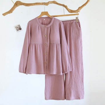 帶胸墊睡衣女春秋款 100%純棉縐布春天長袖長褲睡衣居家服大尺碼套裝家居服薄款可外穿