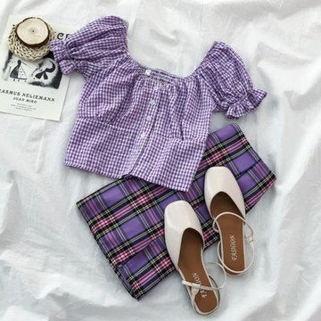 紫色裙子顯瘦方領露鎖骨兩件套裝