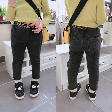 冬季新款 中小童拼接豹紋松緊腰修身褲 女童保暖加厚牛仔褲1入