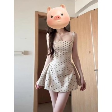 韓里韓氣2025夏季純欲風波點吊帶連衣裙女大碼顯瘦溫柔風掐腰短裙