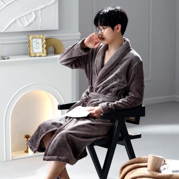 法蘭絨男時尚系帶冬天青年睡袍