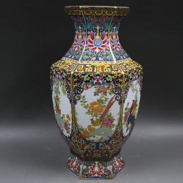 清乾隆琺瑯彩花鳥六方瓶仿古家居裝飾博古架瓷器擺件古董古玩收藏1入