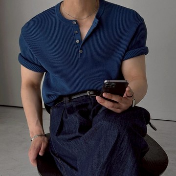 正韓羅紋涼爽亞麻亨利領半寬短袖針織衫 6色 YUPPIE 預購商品 0622