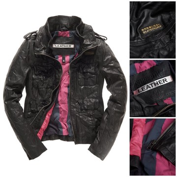 極度乾燥 Superdry Megan Flag Leather 女款經典款 真皮 皮衣 外套 修身設計 黑色 復古風格 M65 軍裝