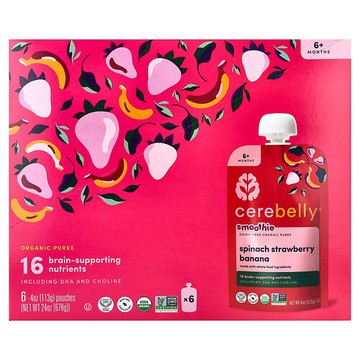 Cerebelly, 思慕雪，無乳製品有機果蔬泥，適合 6 個月以上寶寶，菠菜、草莓和香蕉，6 袋裝，每袋 4 盎司（113 克）