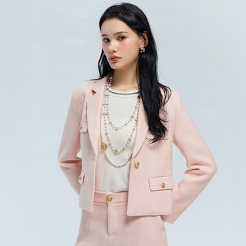 SO NICE 蠟粉色高智感短版提織仿毛呢西裝外套