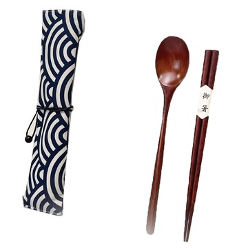 環保餐具 天然木材製作 質感溫潤 輕巧便攜  1入  木色  深湯匙x1+筷子x1+保餐具袋x1