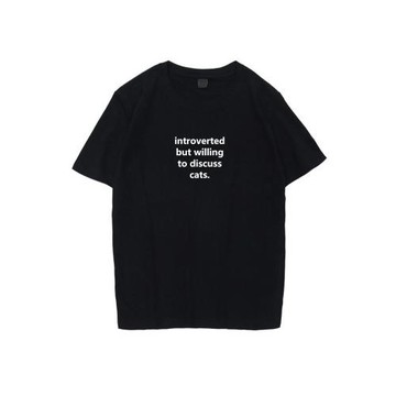 夏季新品內向但愿意討論貓英文貓咪英文文字貓奴圓領短袖T恤衫