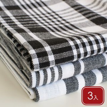 《NOW》Jumbo純棉擦拭布3入-墨黑格紋91x61cm-- 廚房抹布 清潔布 擦拭布 茶巾