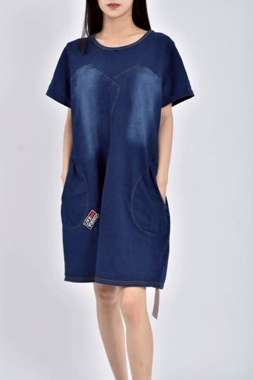 (S) rosa丹寧牛仔短袖藍色洋裝