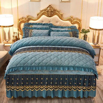 夾棉歐式床裙四件套加厚法萊絨 珊瑚絨床罩水晶絨短毛絨被單4件套