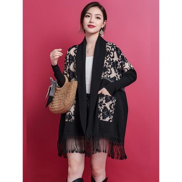 韓版高級感斗篷披肩外套女中長款流蘇蝙蝠衫減齡針織拼接印花開衫