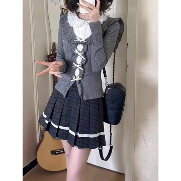 【韓系辣妹學院風】假兩件長袖上衣 高腰短裙 兩件套裝 女春秋設計感 學院風套裝 上衣 短裙 高腰 高腰短裙
