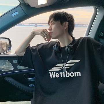 新款 美式 夏季 簡約五分袖男  短袖t恤 男士 寬鬆 大碼 字母 印花 半袖 圓領  短袖男 男t（ST0167）