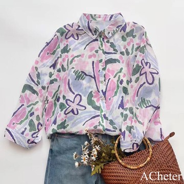 【ACheter】粉嫩印花襯衫休閒寬鬆顯瘦翻領長袖上衣# 123149(現貨+預購)