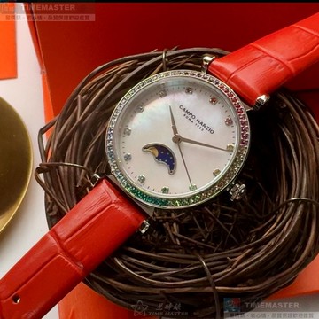 [星晴錶業]新品牌手錶,32mm,CMW0033貝母錶面銀錶殼亮紅真皮皮革錶帶款