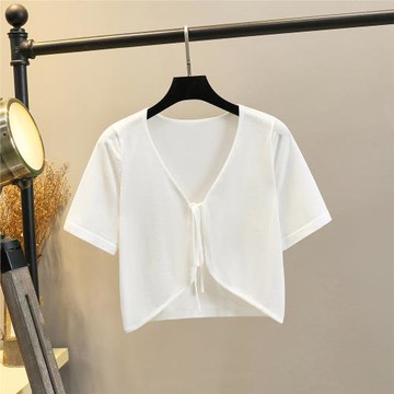 夏季防曬小坎肩短款外搭系帶配吊帶裙子披肩女薄針織開衫外套罩衫