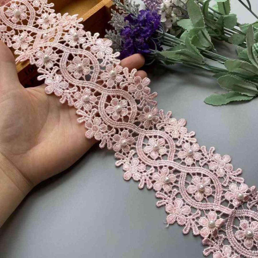 2ヤード8センチメートルピンク真珠 花 レーストリムリボンポリエステル刺繍生地ハンドメイドdiy 結婚式 縫製 品クラフト装飾