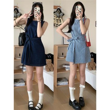 (免運)藍色格子無袖連衣裙女小個子夏季旅游蝴蝶結短款背心裙a字短裙子
