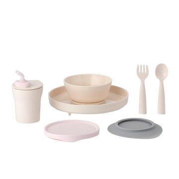 Miniware 微兒 天然聚乳酸小食客六入組 - 寶寶餐具組  麥片碗 + 矽膠碗蓋 + 麵包盤 + 防滑吸盤 + 愛喝水水杯組 + My First叉匙組  香草棉花糖  1組
