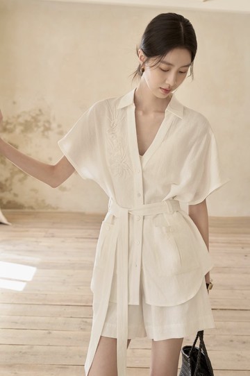 天絲亞麻 重工釘珠短袖襯衫外套 短褲套裝