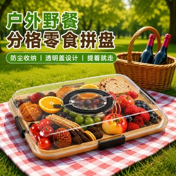 臺現🚚露營野餐竹製點心盤 分格透明防塵蓋 手提大容量水果零食托盤 戶外家用兩用 露營出片神器