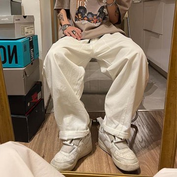白色工裝褲子男港風日系cityboy寬松直筒褲夏季潮牌闊腿休閑長褲