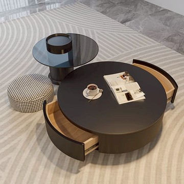 巖板圓形茶幾客廳家用輕奢現代簡約大小戶型黑色茶桌玻璃意式極簡