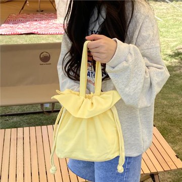 奶油鵝黃荷葉邊褶皺單肩書包ins韓版清新百搭手拎小包學生帆布包