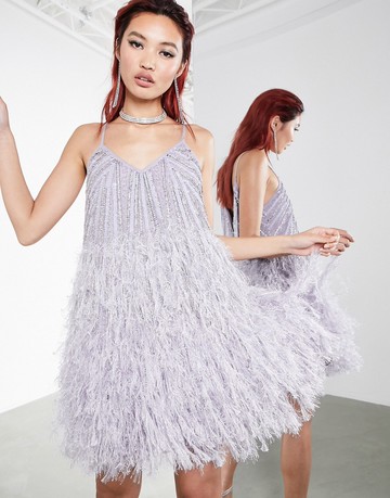 ASOS EDITION sequin cami mini dress with faux feather hem-Purple