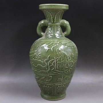 明龍泉窯浮雕刻人物鬼谷子下山圖象耳瓶家居裝飾擺件收藏老貨瓷器1入